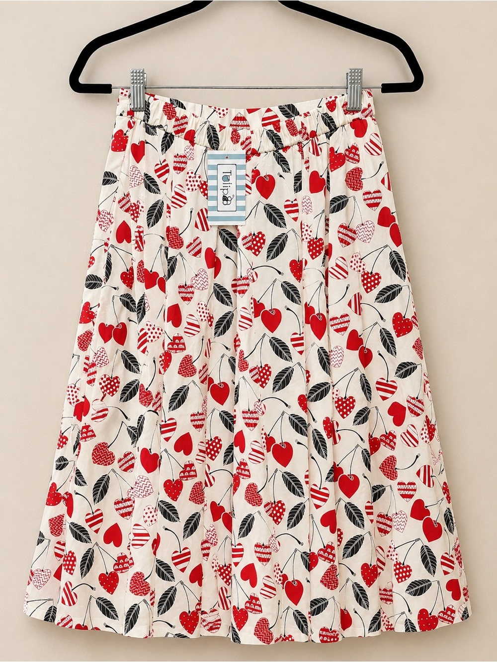 NWT Cream Midi Skirt with Red Heart Cherry Print Dots Stripes 100% Cotton - Picture 3 of 5